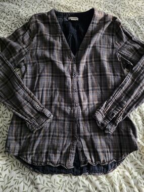 Plaid Button-Front Shirt in Brown and Gray-Blue